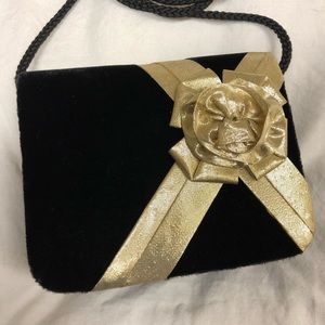 Vtg Black Velvet with Gold Bow Evening Bag